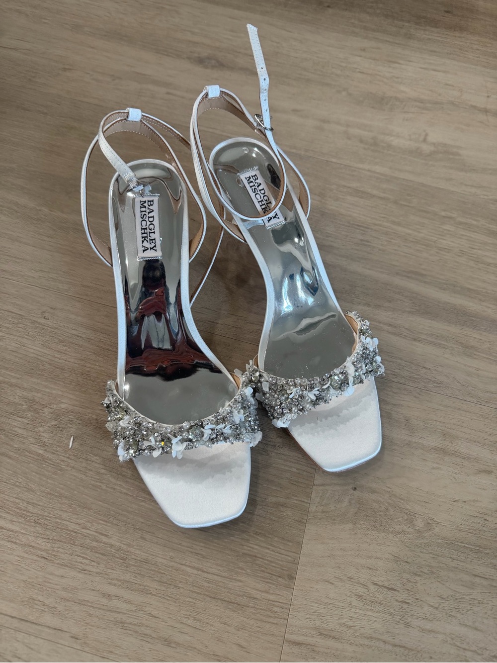 Badgley Mischka Ivory Satin Crystal-Embellished Slingback Heels